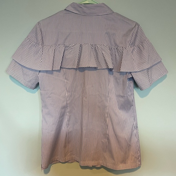 EUC Halogen blue white striped ruffle short sleeve button down blouse - Picture 4 of 5